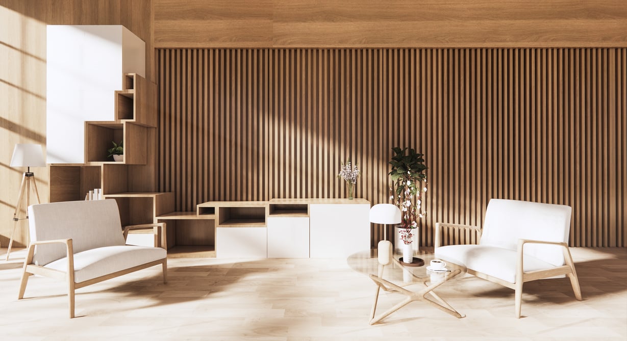 photo of a living room with wooden paneling and white furniture in an arch photo frame
